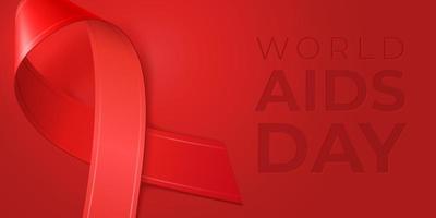 Vector banner with realistic 3d red ribbon and minimalistic typography WORLD AIDS DAY in december. HIV awareness symbol. Template for medical website, social media, banner, poster, invitation, flyer.