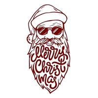 Vector illustration of bad Santa in glasses with lettering Merry Christmas on his beard. Vector illustration in vintage style on white isolated background.