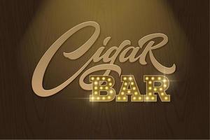 Lettering Cigar Bar in retro style on background of dark brown wood texture. Vector template for design signboards in vintage style. Modern typography, font composition.