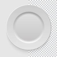 Realistic empty white dish plate with shadow on transparent background. Template design for food presentation and your projects. Top view. Kitchen appliances utensils for eating. Vector illustration.