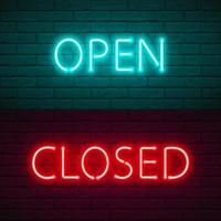 OPEN CLOSED lettering with bright neon glow on dark brick wall background. Vector Illustration typography for sign door of shop, cafe, bar or restaurant, night club. Quarantine closure information.
