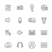 audio, music line icons set, sound mixing, microphones, recording, earbuds, headphones, speakers, eq, cassette tape vector