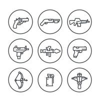 iconos de líneas de armas en círculos, pistola, metralleta, rifle de asalto, revólver, escopeta, granada, lanzacohetes, arma de fuego, explosivo vector