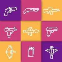 iconos de líneas de armas, lanzacohetes, pistola, metralleta, rifle, revólver, escopeta, ballesta vector