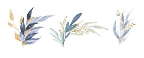 Watercolor floral illustration set. Blue and Gold leaf branches collection. vector