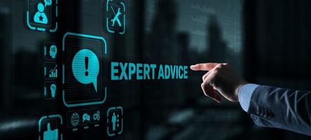 Expert advice. Businessman hand touching inscription on virtual screen photo