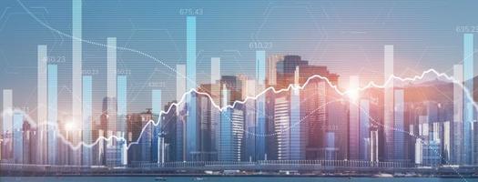 Data analysis. Financial data on a monitor as Finance data concept. Analytics 2022 on city background photo