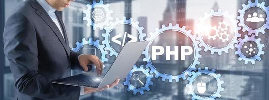 PHP coding Concept. Programmer search. Technology Background photo