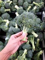 Left-hand picks broccoli from a tray that is sold in the market, broccoli sent from the garden to the consumer. photo