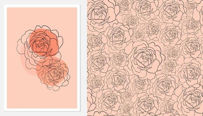 Set of hand draw illustrations with outline roses pastel biege simple shape and seamless roses pattern for wall decoration, postcard or brochure cover design. Vector illustration