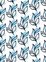 Seamless pattern with black ink floral leaves hand drawn doodle and abstract round shapes in blue on white. Classic background, textile print ornament, fashion design vector element.