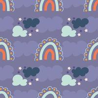 Seamless pattern with rainbows, clouds and stars. Cute endless pattern for kids textiles in handdrawn organic style. Vector illustration in flat style.