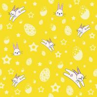 A cute seamless pattern with rabbits, flowers and easter eggs. Easter spring design with bunnies. Vector illustration