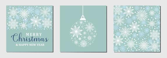 Set of three blue holiday greeting cards Merry Christmas and Happy New Year, pattern background with white snowflakes and Christmas ball silhouette. Winter square vector set template