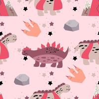 Childish seamless pattern in pink with dinosaur, stone stars and paw with claws.Vector illustration in flat style for baby textiles with cute dinosaur. vector