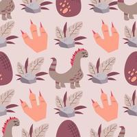 infantil de patrones sin fisuras en rosa con dinosaurio, piedra, hojas y pata con garras.Ilustración de vector en estilo plano para textiles para bebés con dinosaurio lindo.