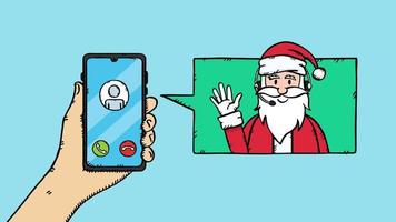 Hand draw vector doodle of hand, holding mobile phone with Santa Claus call. Colorful illustration in sketch style.