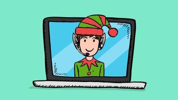 Hand draw vector doodle of Elf customer service support on laptop screen. Colorful illustration in sketch style.