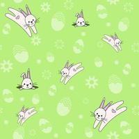 A cute seamless pattern with rabbits, flowers and easter eggs. Easter spring design with bunnies. Vector illustration