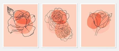 Set of hand draw illustrations with outline roses pastel biege simple shape for wall decoration, postcard or brochure cover design. Vector illustration