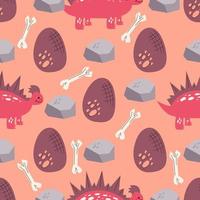 Childish seamless pattern in pink with dinosaur, eggs, stone and bones.Vector illustration in flat style for baby textiles with cute dinosaur. vector