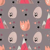 Childish seamless pattern in pink with dinosaur egg, mountains and stars.Vector illustration in flat style for baby textiles. vector