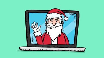 Hand draw vector doodle of Santa Claus with headphones on laptop screen. Colorful illustration in sketch style.