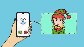 Hand draw vector doodle of hand, holding mobile phone with Elf girl from christmas customer service on call. Colorful illustration in sketch style.