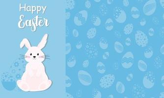 White easter rabbit and eggs. Inscription Happy Easter and cute bunny on blue background. Easter eggs seamless pattern. Vector illustration