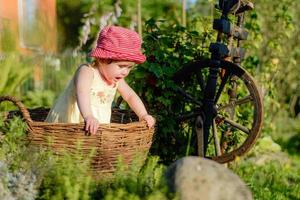 A cute little girl sits on a hay in a basket in the garden