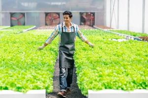 Happy asian man walking in hydroponic vegetables farm photo