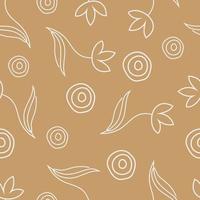 Seamless pattern with flowers and circles drawn by hand in a linear style on a beige-pink background vector