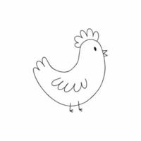 dibujo de un pollo sobre un fondo blanco. Ilustración de doodle de contorno. animales y aves en la finca. vector