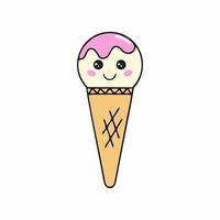 Ice cream ball with icing in a waffle cone. vector cute character.