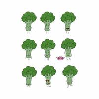 Large set with fun broccoli. Funny broccoli cabbage with different emotions. Children's character in Doodle style. vector