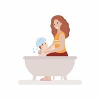 Mom bathes a child in the bathroom. Motherhood and child care. Vector character in a flat style.