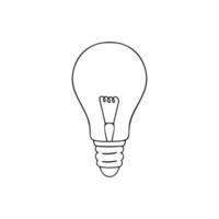 Incandescent lamp drawn with a black contour line in the style of a hand drawing. Vector Doodle illustration on the theme of electricity.