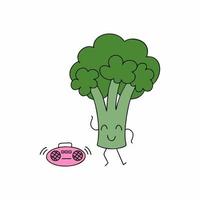Funny broccoli cabbage listening to music on a tape recorder. Vector character in cartoon style.