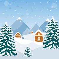 Greeting card for new year and Christmas. Winter landscape with mountains and fir trees. Vector illustration for printing on a poster.