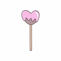 Chocolate Lollipop in the shape of a heart with pink frosting. Vector image of sweet candies on a white background.