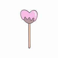 Chocolate Lollipop in the shape of a heart with pink frosting. Vector image of sweet candies on a white background.