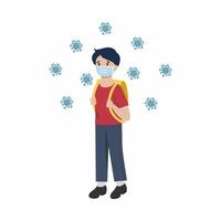 el niño va con una mochila escolar. un colegial con una máscara médica durante la epidemia de coronavirus. ilustración sobre la pandemia covid19 vector