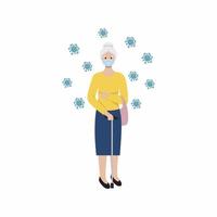 An elderly woman with a walking stick in a medical mask. Grandma and the coronavirus. Security measures during the Covid19 epidemic. vector