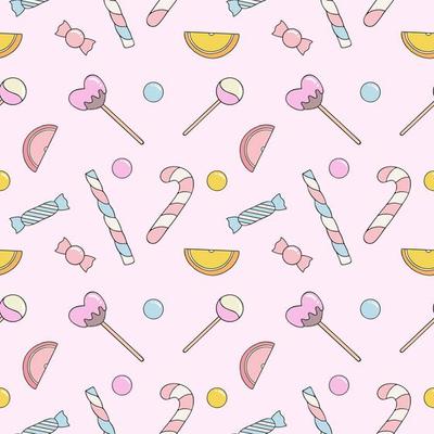 Pink pattern with sweet candies and lollipops. Seamless background for tailoring. Wallpaper for textiles, packaging paper.