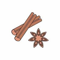 palitos y una estrella de canela aislado en un fondo blanco. ilustración vectorial en estilo doodle. especias para hornear y café. vector