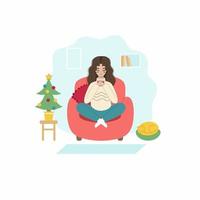 The girl drinks coffee sitting on the couch. A young woman meets the new year at home. The concept of the celebration of new year and Christmas. Vector character in flat style.