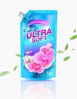 Fabric softener products refill Premium design, fragrant flowers, blue refill, silver bottle caps on a white background, advertising media, fabric softeners, iron detergent, dry cleaners, detergents.