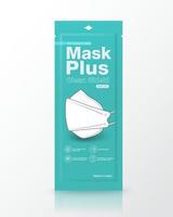 Sachet packaging medical masks 3D shape. Packing size 1 piece. mockup isolated on white background. Realistic file. vector