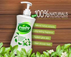 Ad templates for shower gels and liquid soaps Natural extracts, fresh scent, prevent germs and bacteria. Placed on a dark wooden floor in foreground leaves and flowers. vector