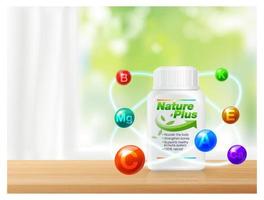 Multivitamin ad Help strengthen the body. Immunity with multiple vitamins in atomic orbital concept. Realistic file. vector